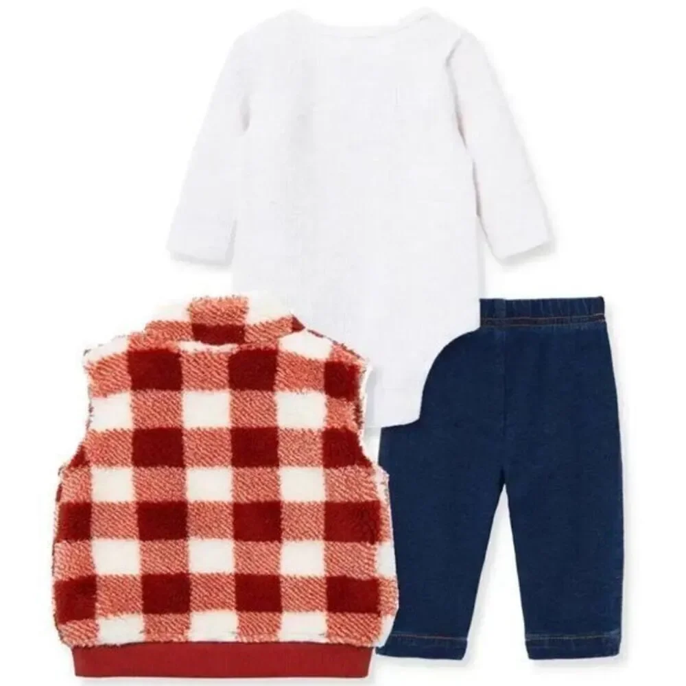 Little Me Buffalo Check Sherpa Vest Cotton Bodysuit, Denim Pants Set Size 3m New